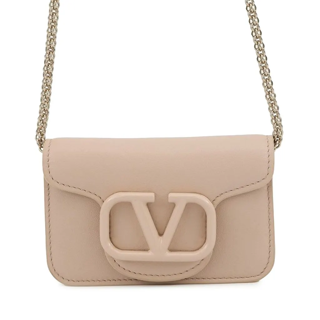 Valentino Leather VLogo Card Case on Chain Pink Leather Good - Front View