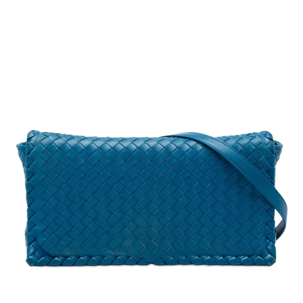 Bottega Veneta Nappa Intrecciato Flap Crossbody Blue Leather Very good - Front View