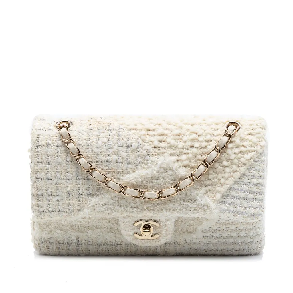 Chanel Medium Classic Tweed Patchwork Double Flap White Very good - Front View