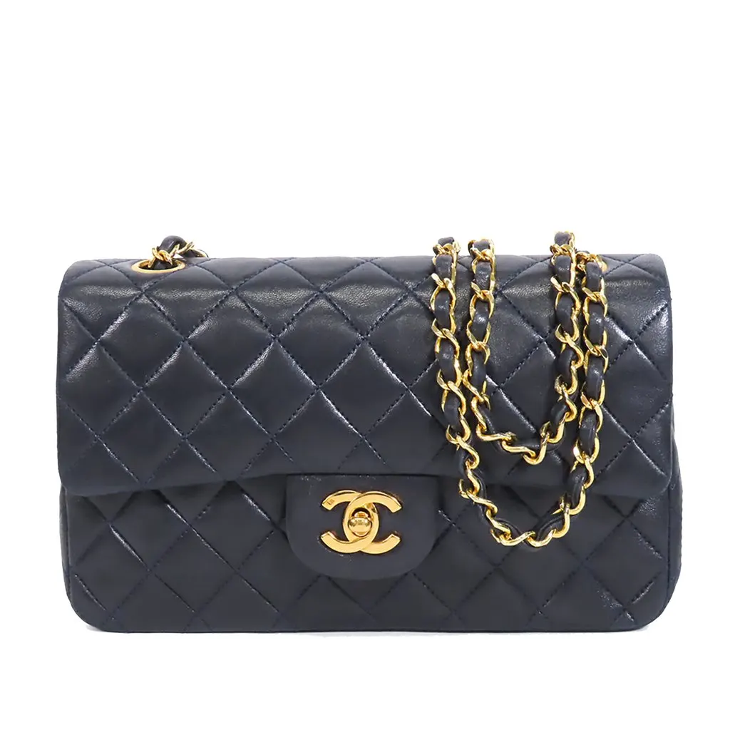 Chanel Small Classic Lambskin Double Flap Blue Leather Very good - Front View