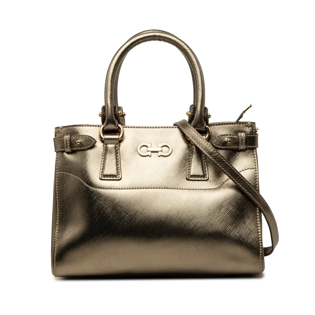 Salvatore Ferragamo Metallic Leather Gancini Batik Satchel Gold Leather Very good - Front View