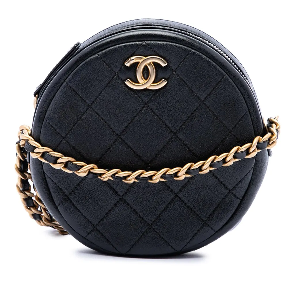 Chanel CC Quilted Glazed Lambskin Round Crossbody Black Leather Very good - Front View