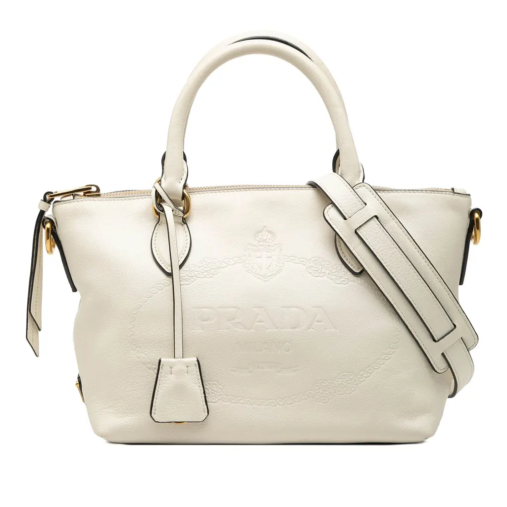 Prada Small Embossed Glace Calf Logo Convertible Satchel White Leather Very good - Front View