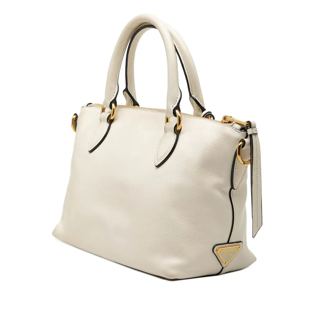 Prada Small Embossed Glace Calf Logo Convertible Satchel White Leather Very good - Back View