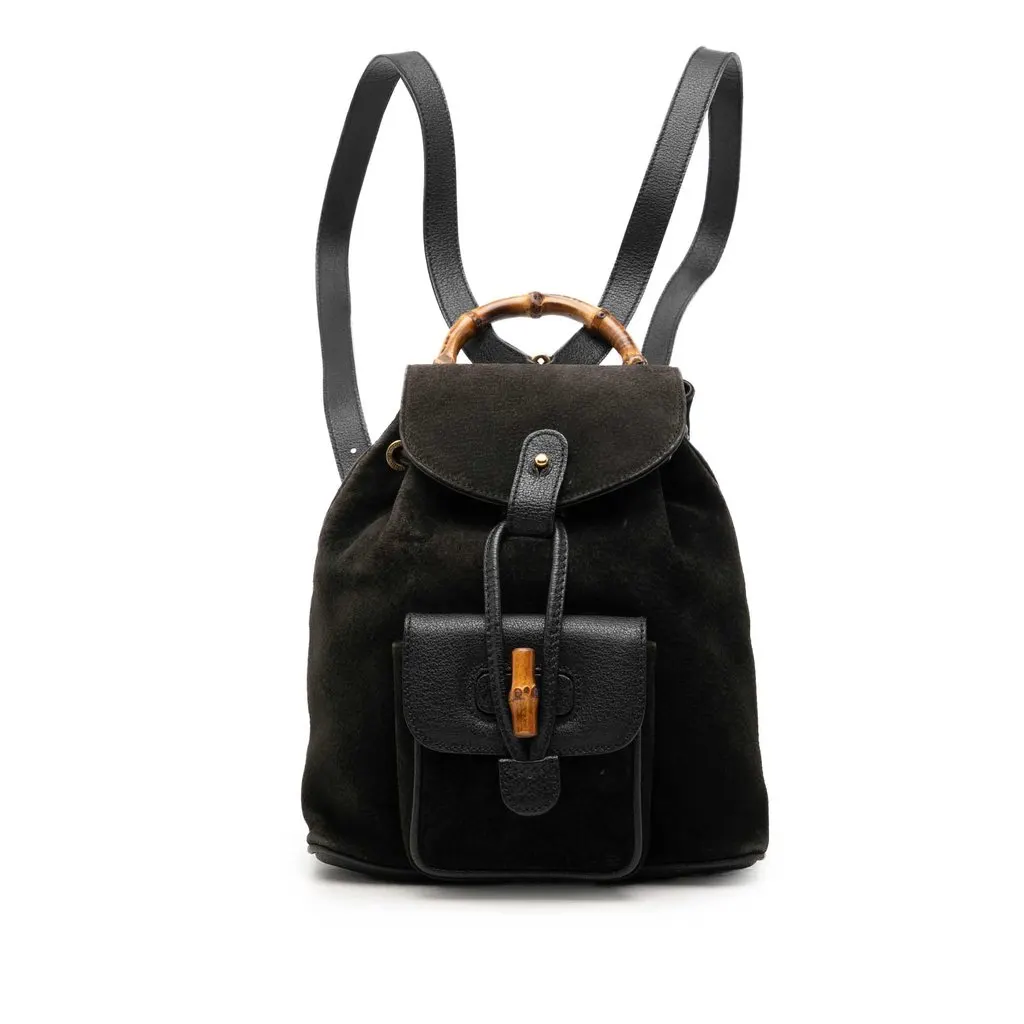 Gucci Suede Bamboo Drawstring Backpack Black Leather Very good - Front View
