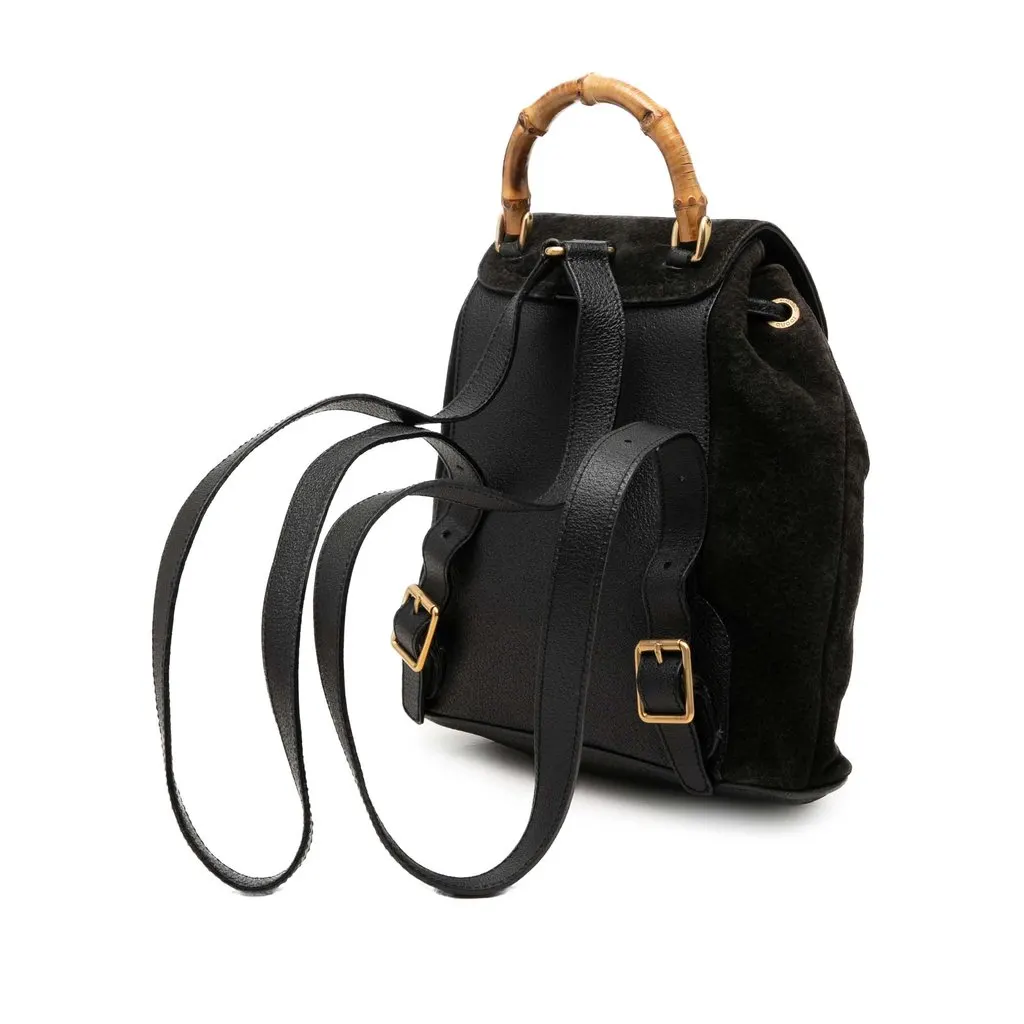 Gucci Suede Bamboo Drawstring Backpack Black Leather Very good - Back View
