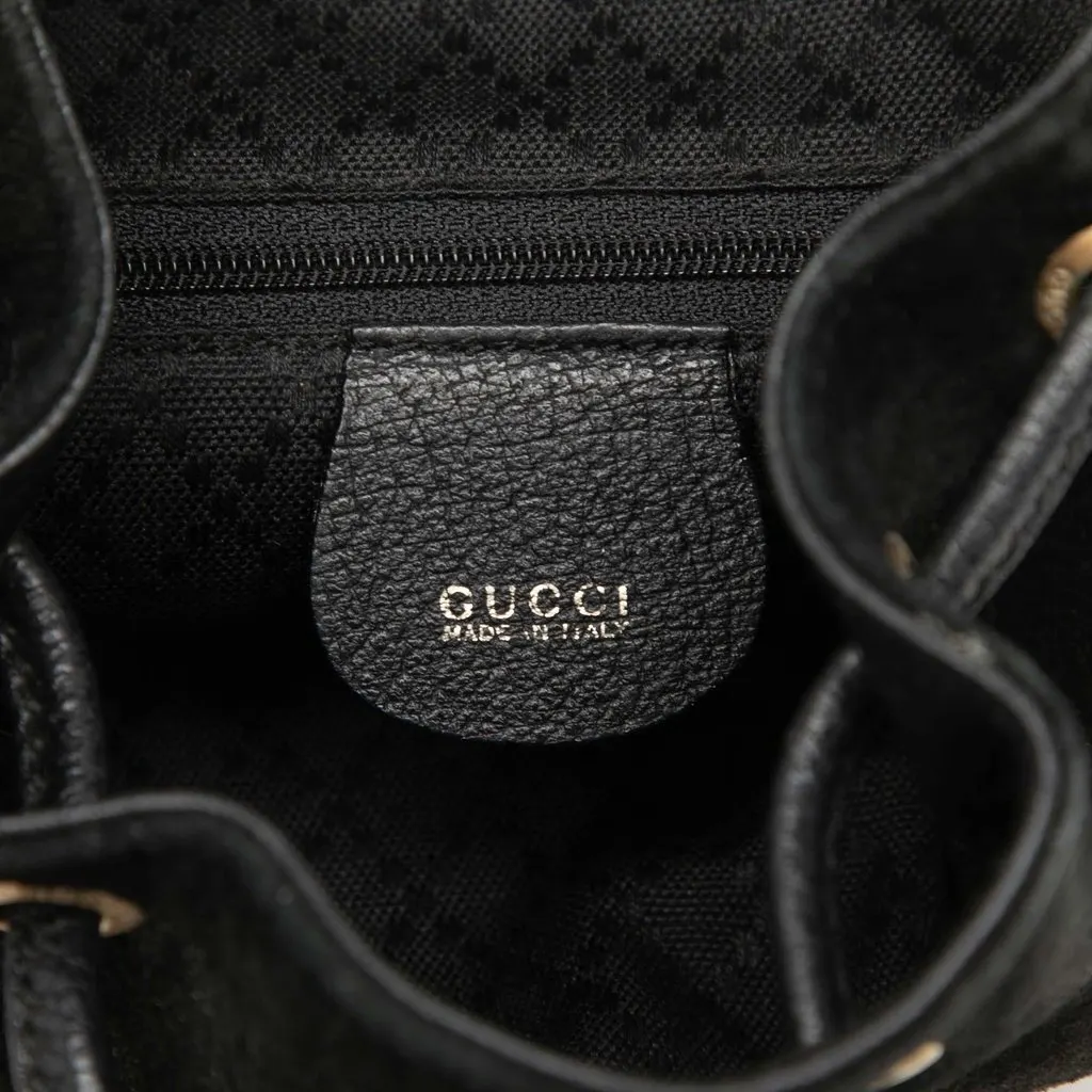 Gucci Suede Bamboo Drawstring Backpack Black Leather Very good - Box View