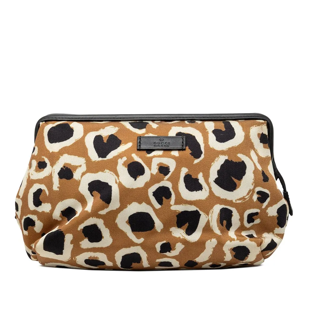 Gucci Leopard Print Canvas Pouch Brown Very good - Front View