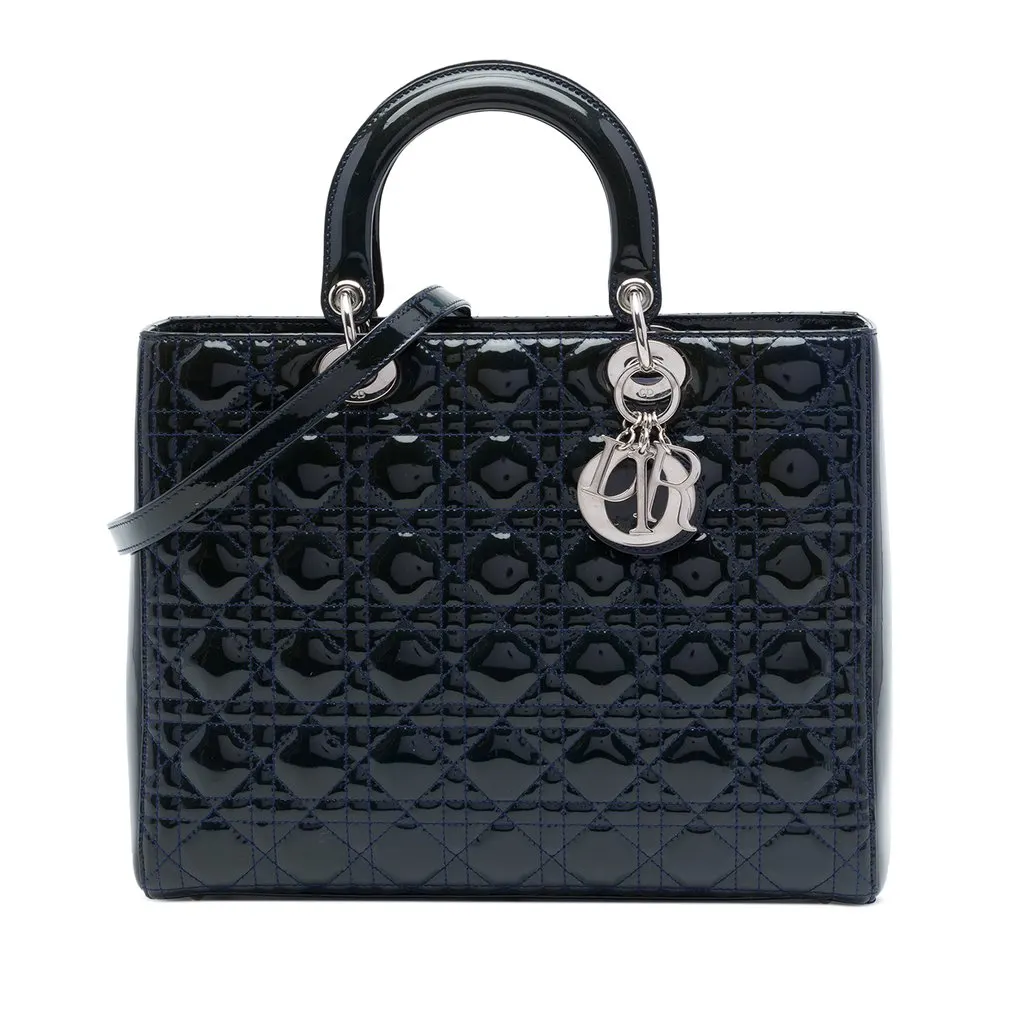 Dior Large Patent Cannage Lady Dior Blue Leather Good - Front View