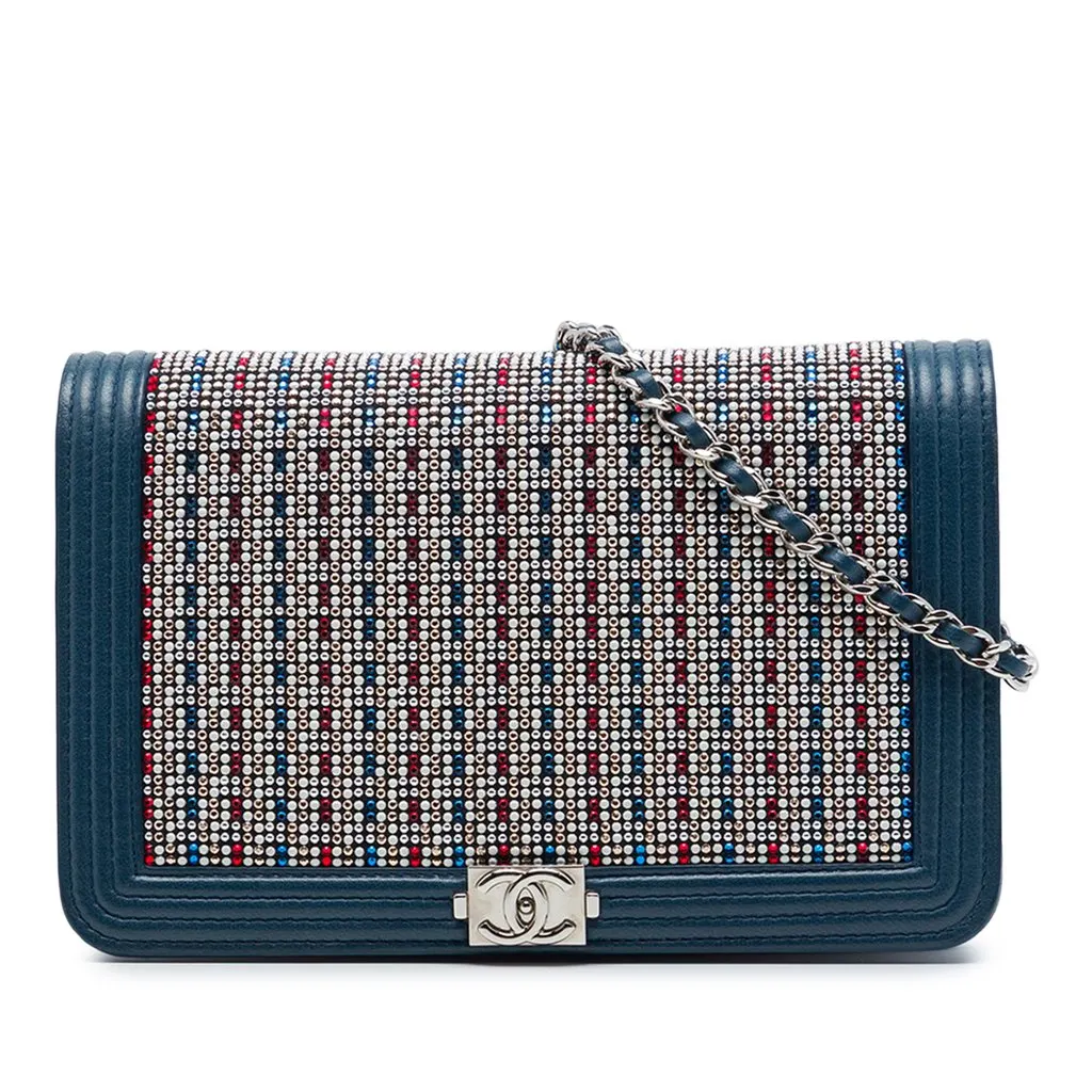 Chanel Crystal Embellished Lambskin Boy Wallet On Chain Blue Leather Very good - Front View