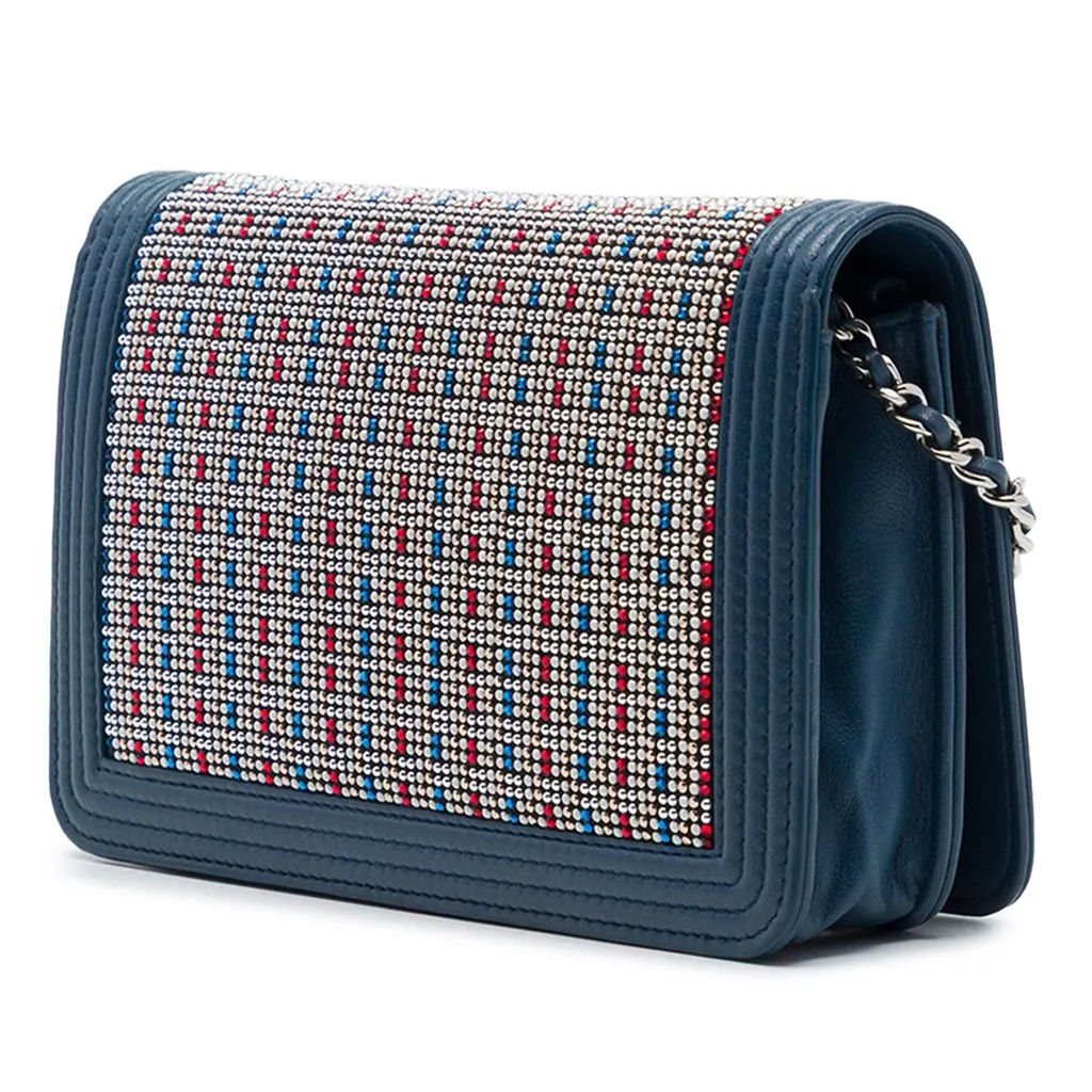 Chanel Crystal Embellished Lambskin Boy Wallet On Chain Blue Leather Very good - Back View