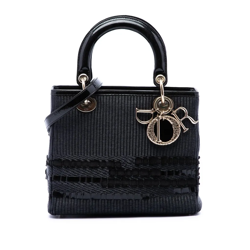 Dior Medium Patent Trimmed Woven Canvas Lady Dior Black Good - Front View