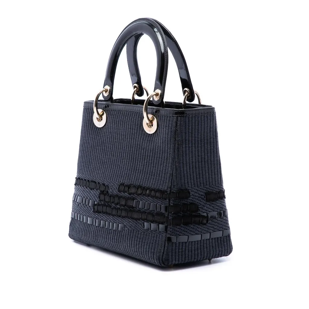 Dior Medium Patent Trimmed Woven Canvas Lady Dior Black Good - Back View