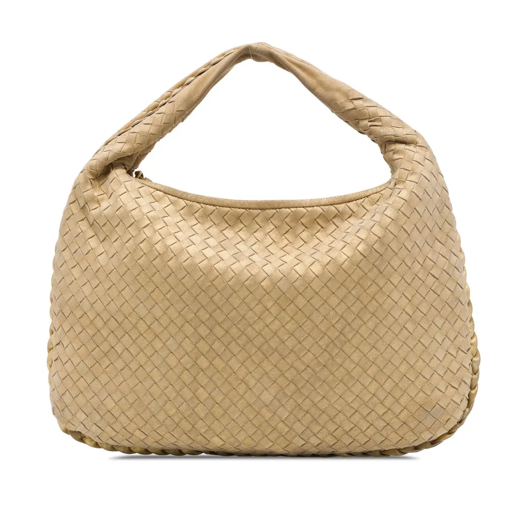 Bottega Veneta Small Metallic Nappa Intrecciato Veneta Hobo Gold Leather Good - Front View