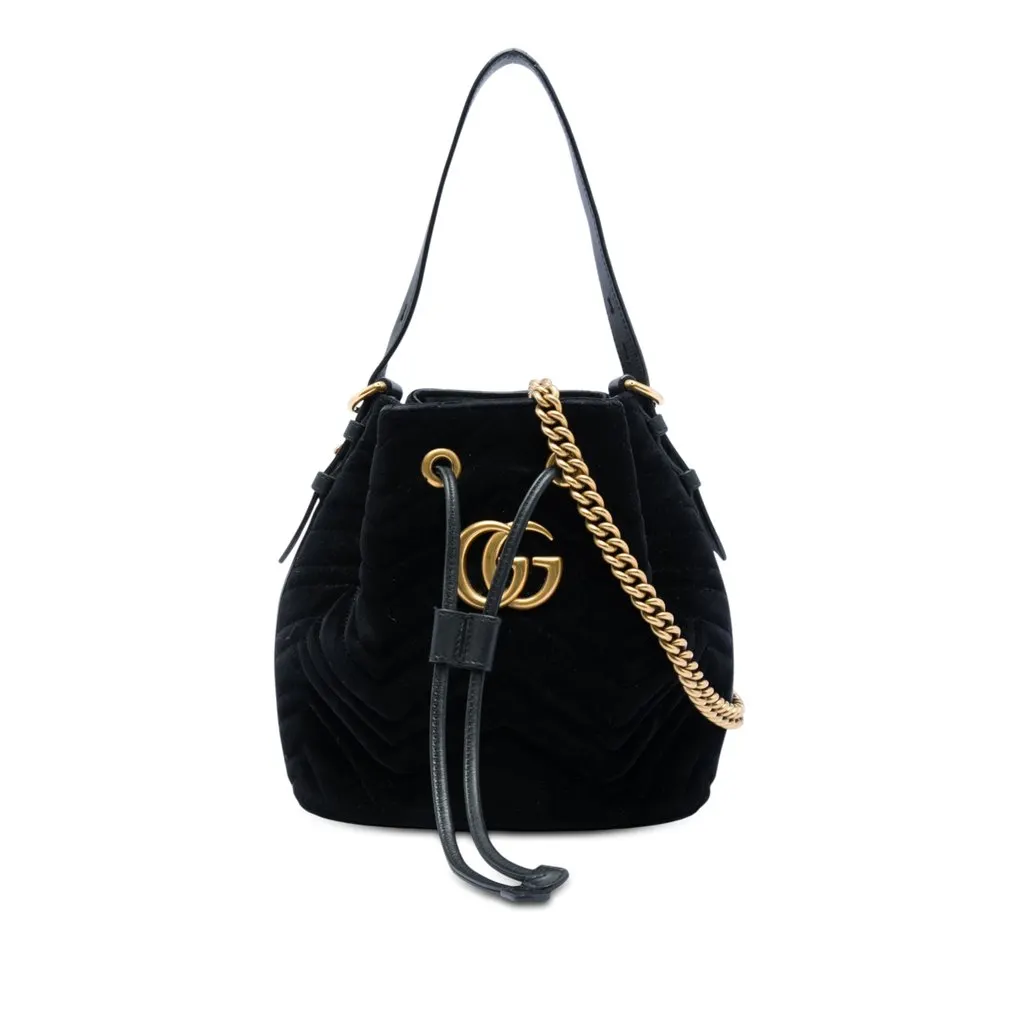 Gucci GG Marmont 2.0 Matelasse Velvet Bucket Bag Black Very good - Front View