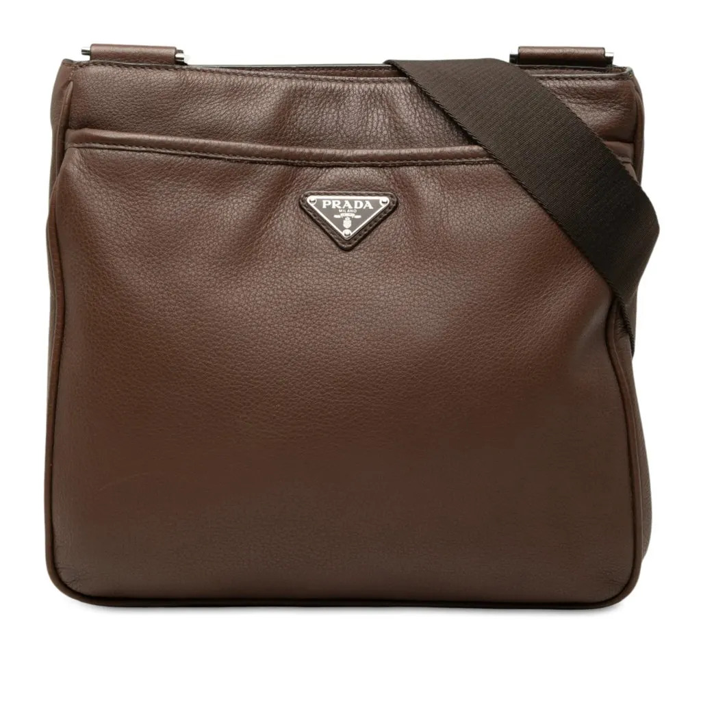 Prada Vitello City Zip Top Crossbody Brown Leather Very good - Front View
