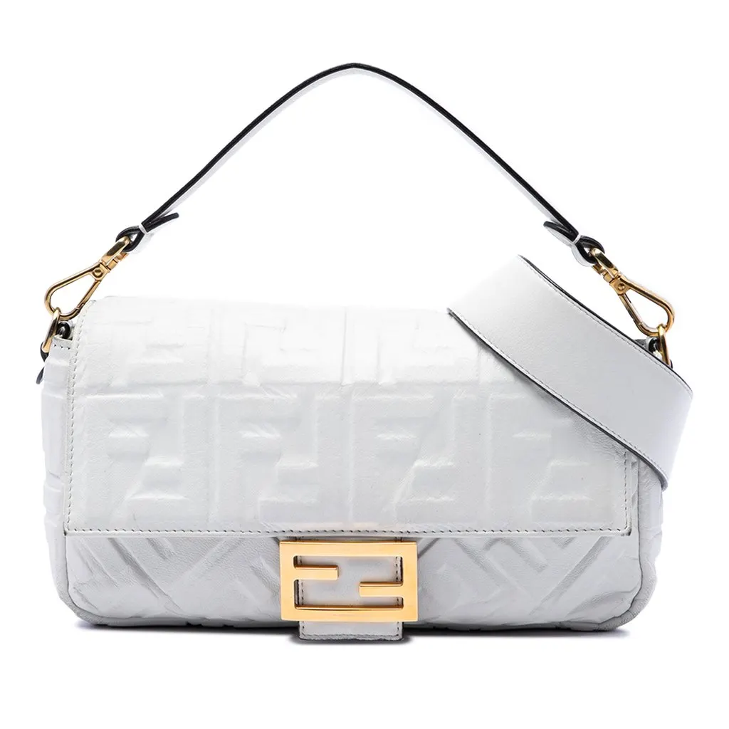 Fendi Zucca Embossed Leather Baguette Satchel White Leather Very good - Front View
