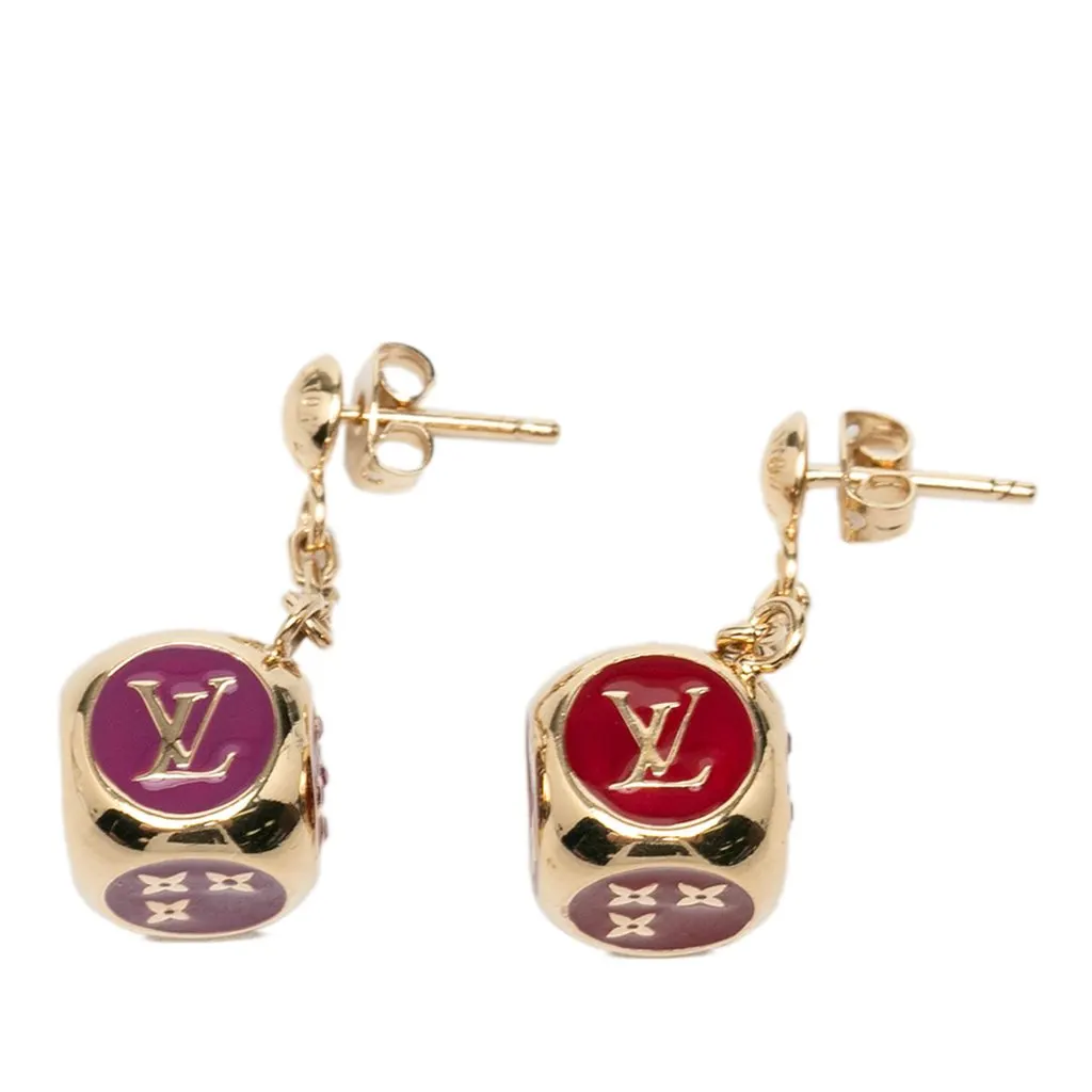 Louis Vuitton Gold Plated Enamel Gamble Dice Drop Push Back Earrings Gold Metal Very good - Front View