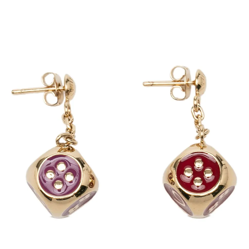 Louis Vuitton Gold Plated Enamel Gamble Dice Drop Push Back Earrings Gold Metal Very good - Back View