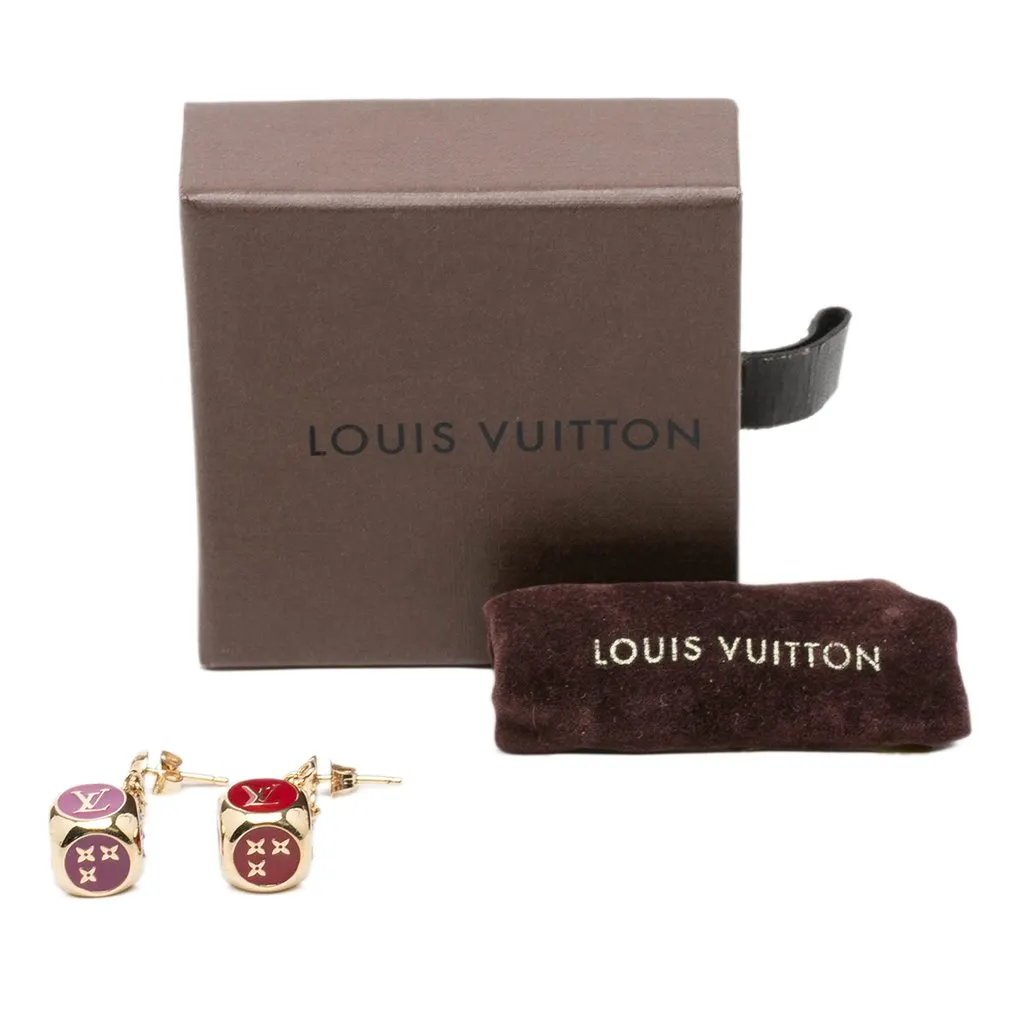 Louis Vuitton Gold Plated Enamel Gamble Dice Drop Push Back Earrings Gold Metal Very good - Model View