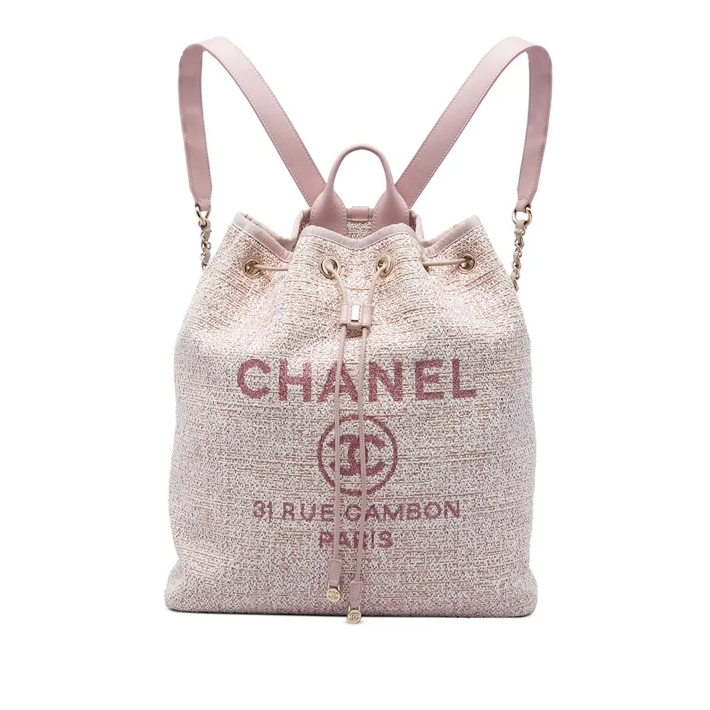 Chanel Tweed Deauville Drawstring Backpack Pink Tweed Very good - Front View