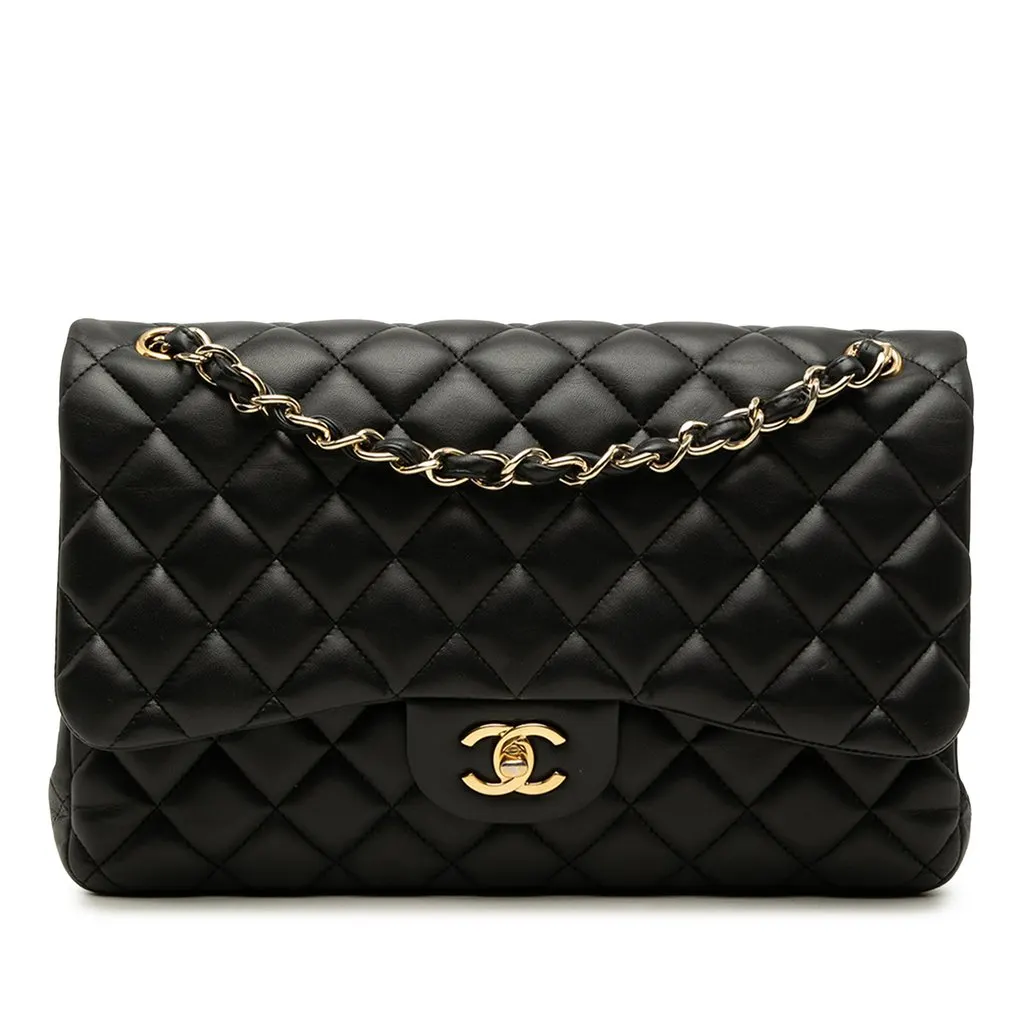 Chanel Jumbo Classic Lambskin Double Flap Black Leather Very good - Front View