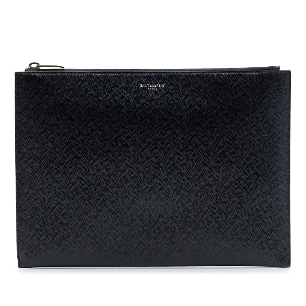 Saint Laurent Grain De Poudre Zip Clutch Black Leather Very good - Front View