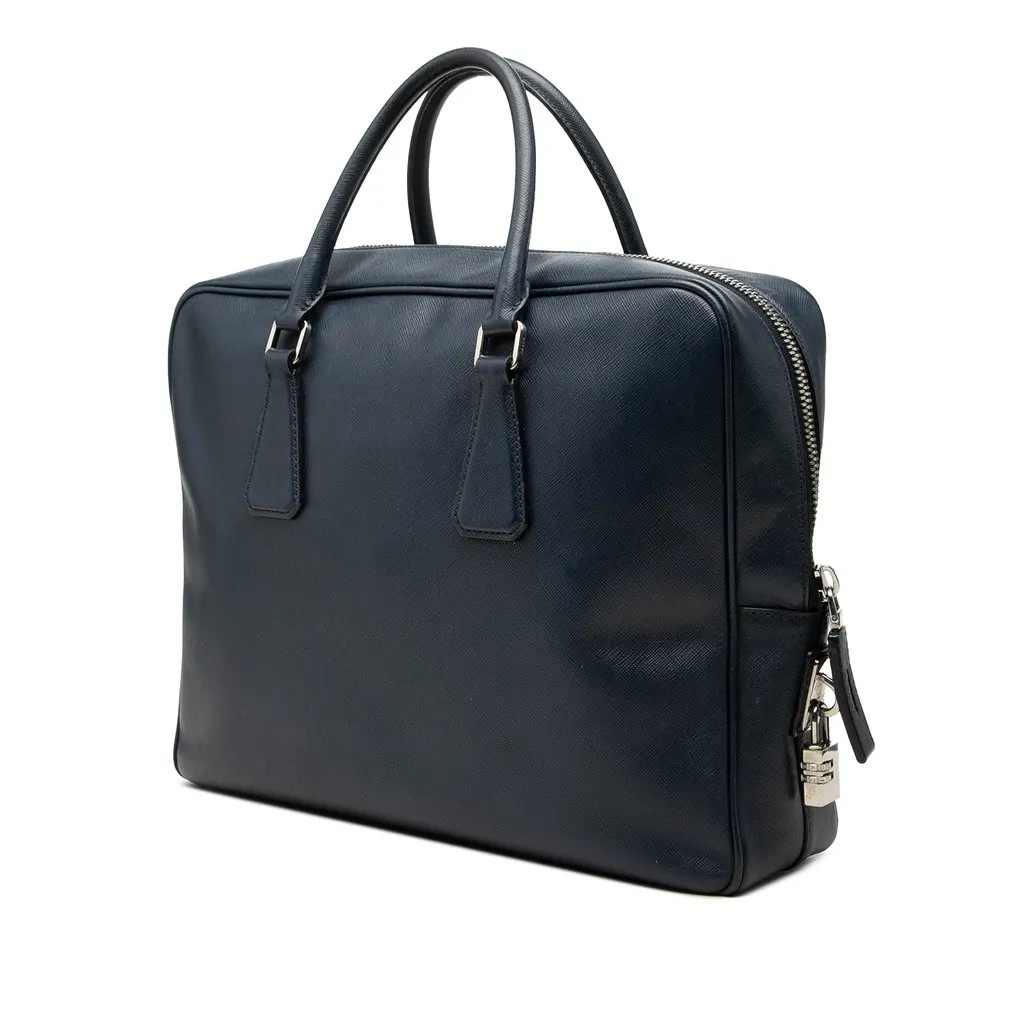 Prada Saffiano Business Bag Blue Leather Very good - Back View