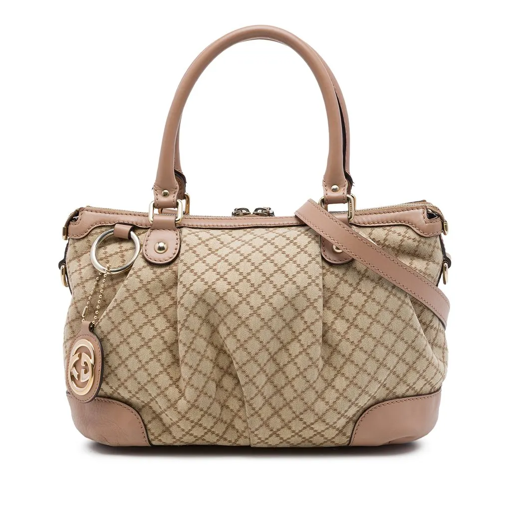 Gucci Diamante Canvas Sukey Satchel Beige Canvas Good - Front View