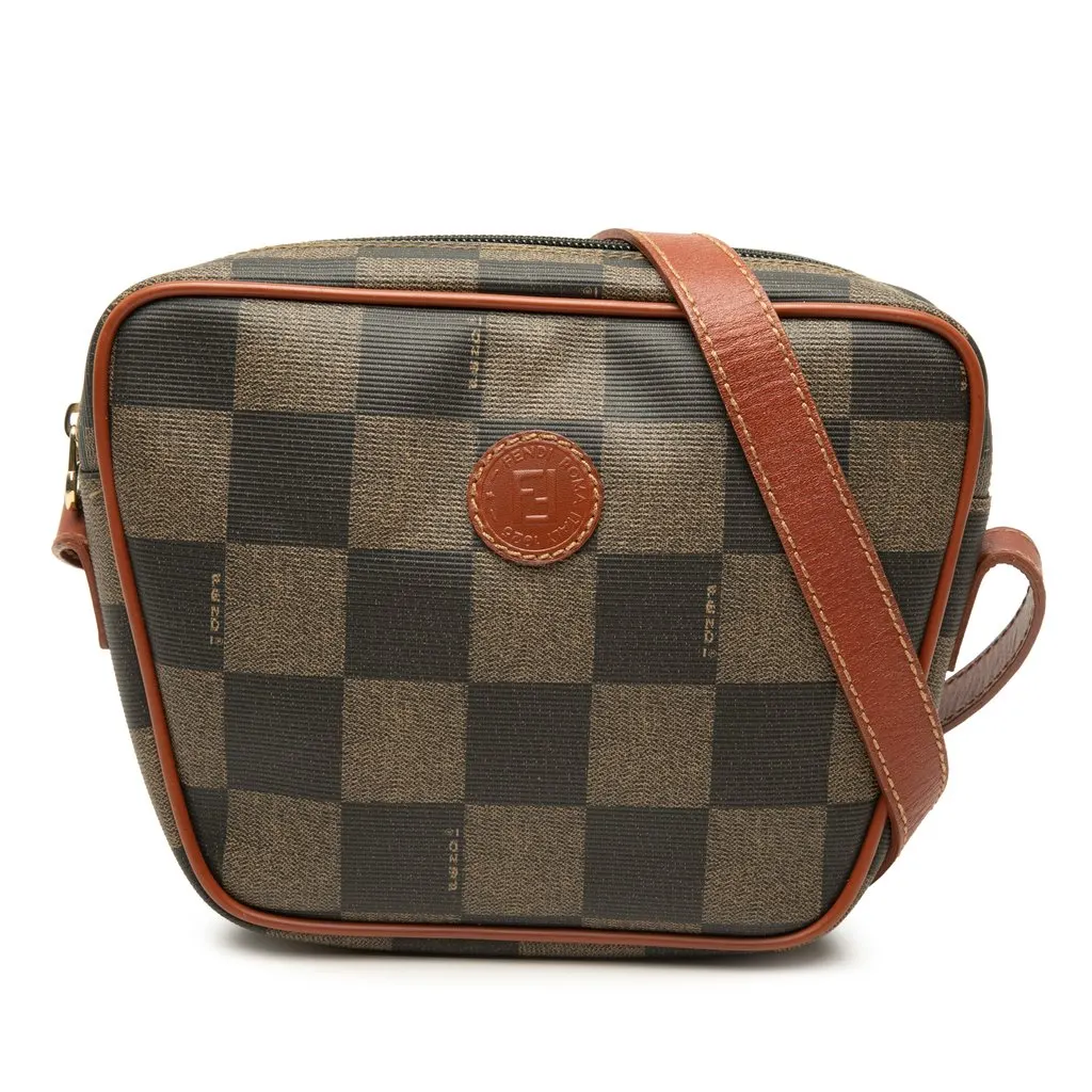 Fendi Pequin Coated Canvas Checkboard Crossbody Brown Canvas Very good - Front View
