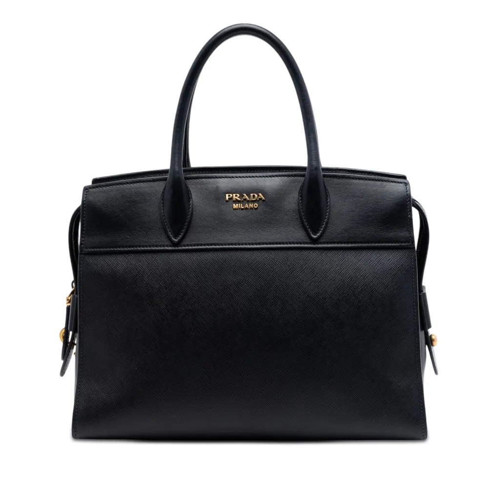 Prada Saffiano and City Calf Esplanade Satchel Black Leather Very good - Front View