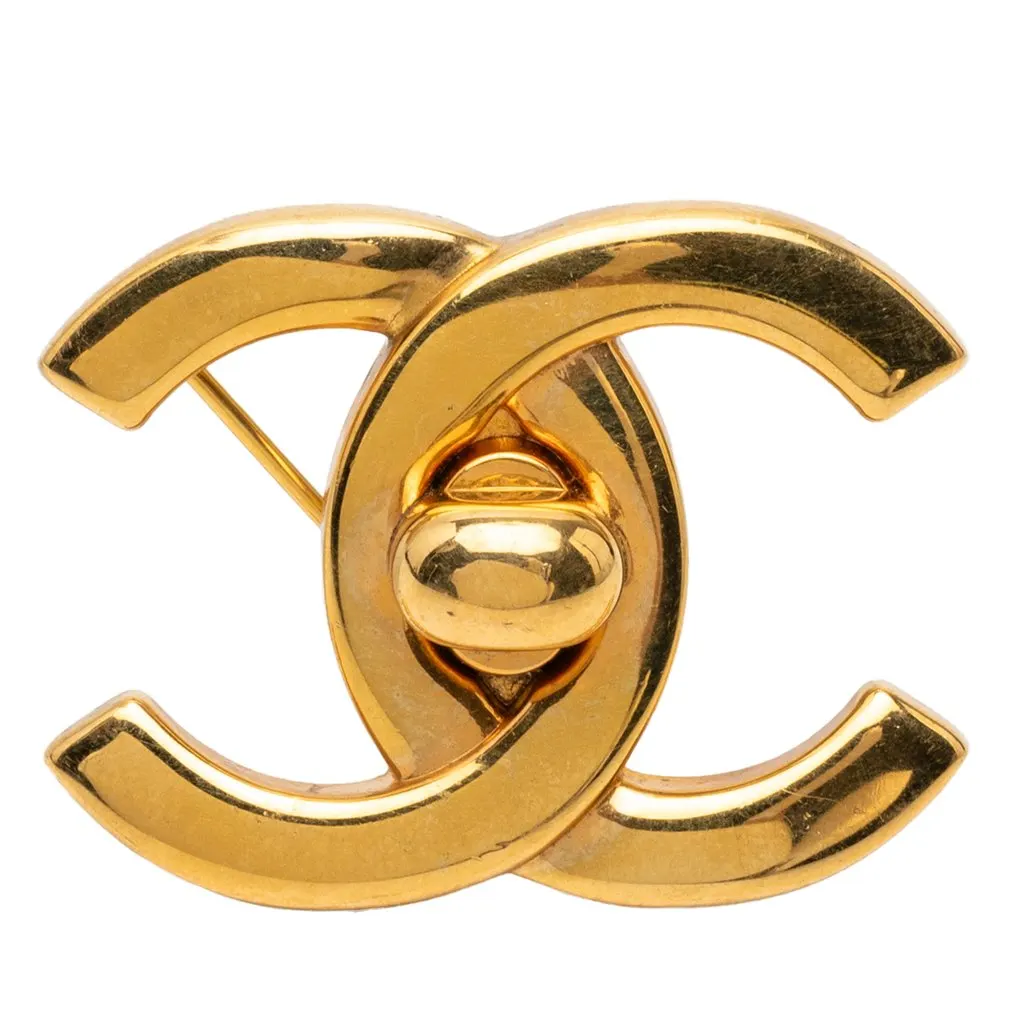Chanel CC Gold Plated Turn Lock Brooch Gold Metal Very good - Front View
