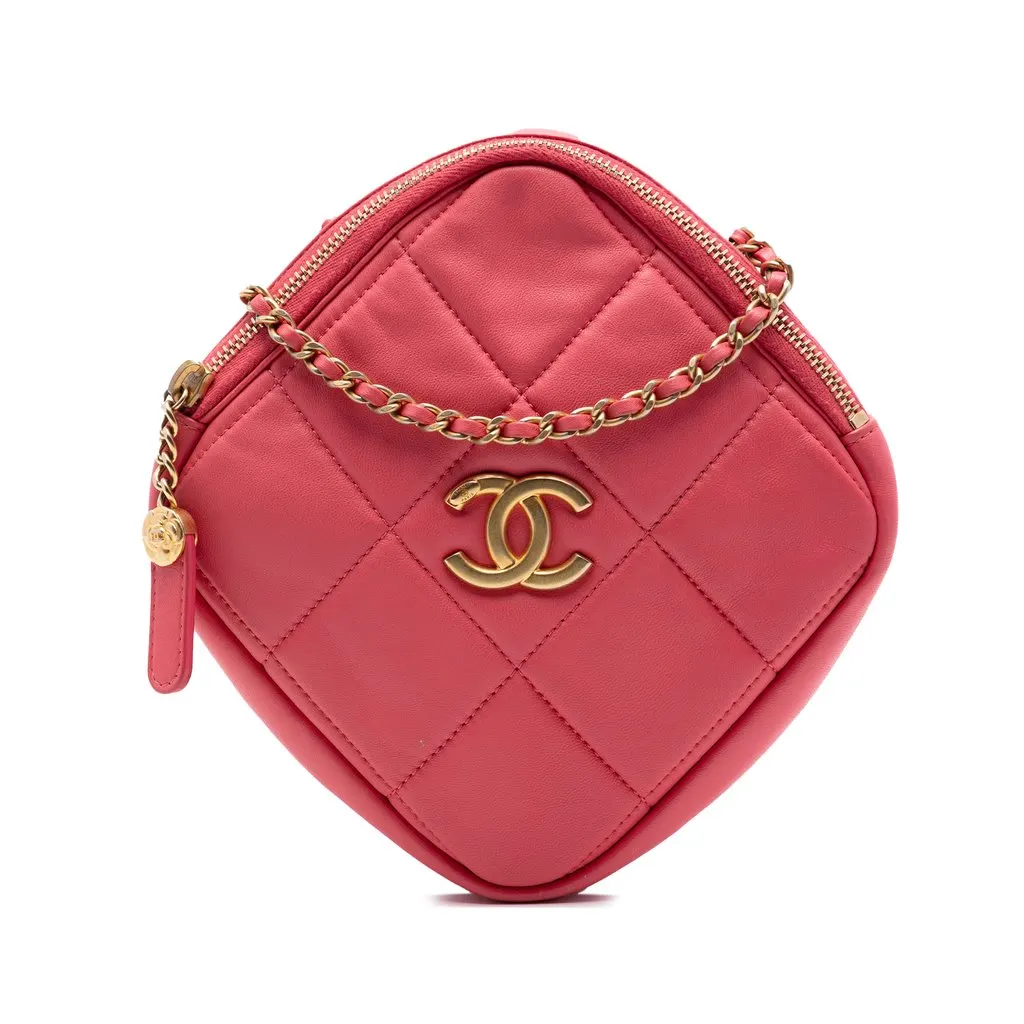 Chanel CC Quilted Lambskin Diamond Clutch with Chain Pink Leather Very good - Front View