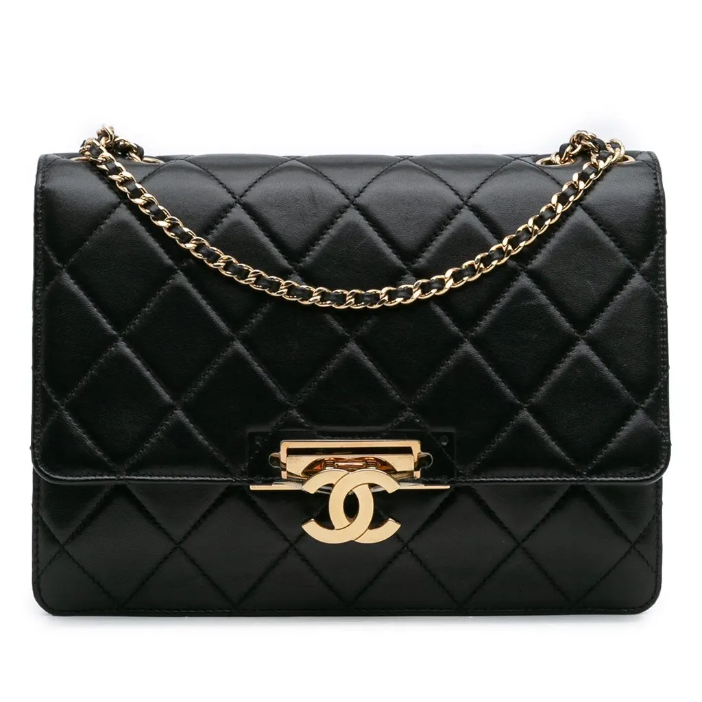 Chanel Quilted Lambskin Golden Class Flap Black Leather Good - Front View
