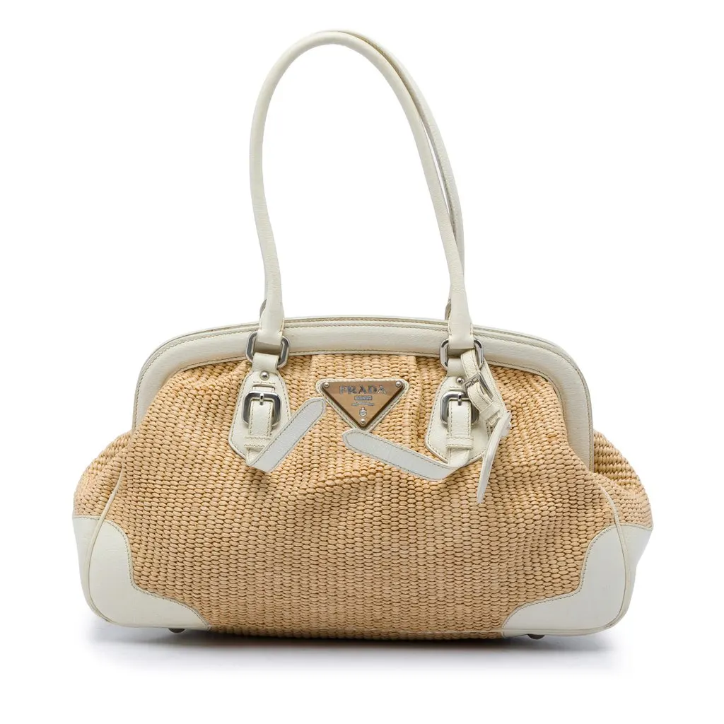 Prada Raffia Shoulder Bag Beige Rattan Good - Front View