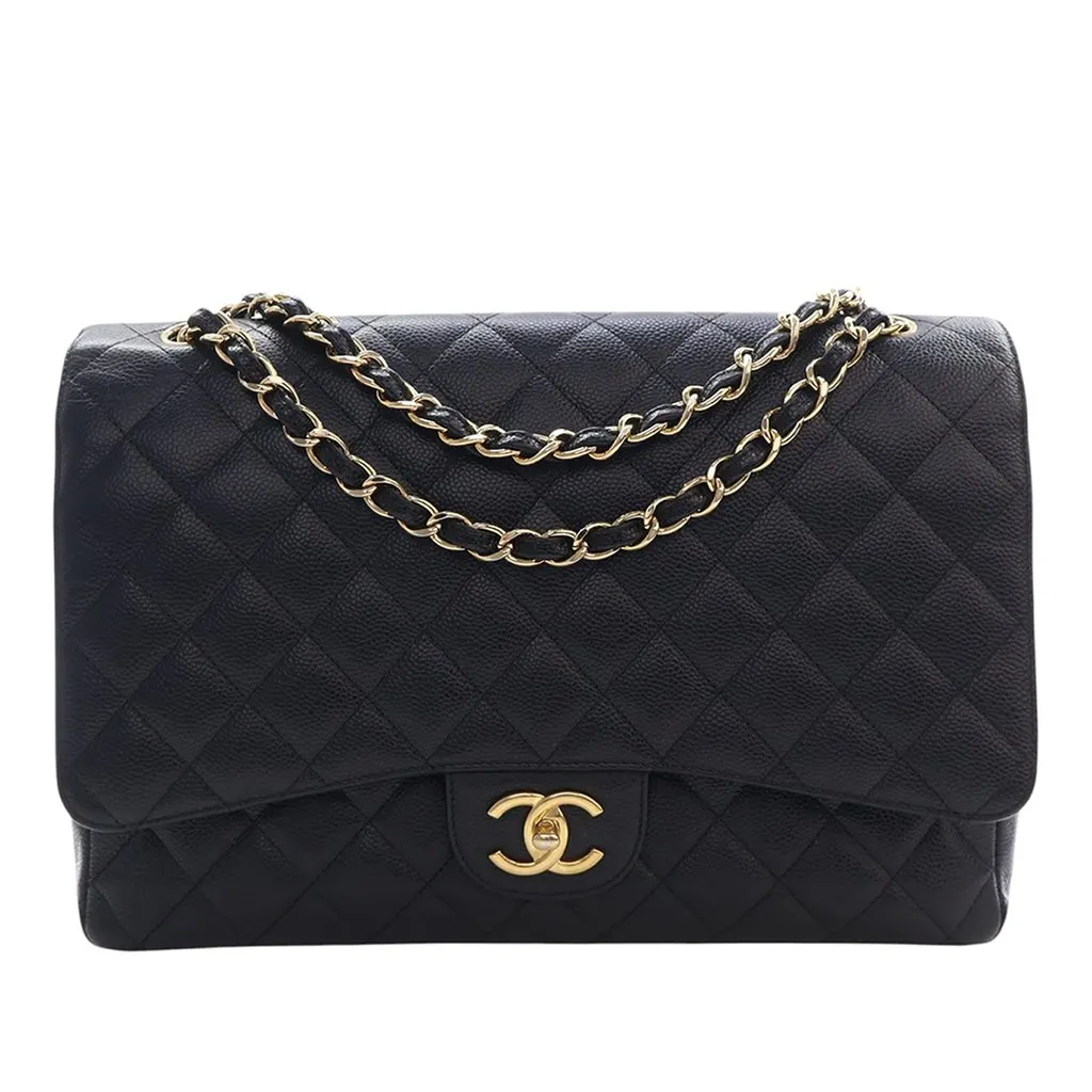 Chanel Maxi Classic Caviar Double Flap Black Leather Very good - Front View