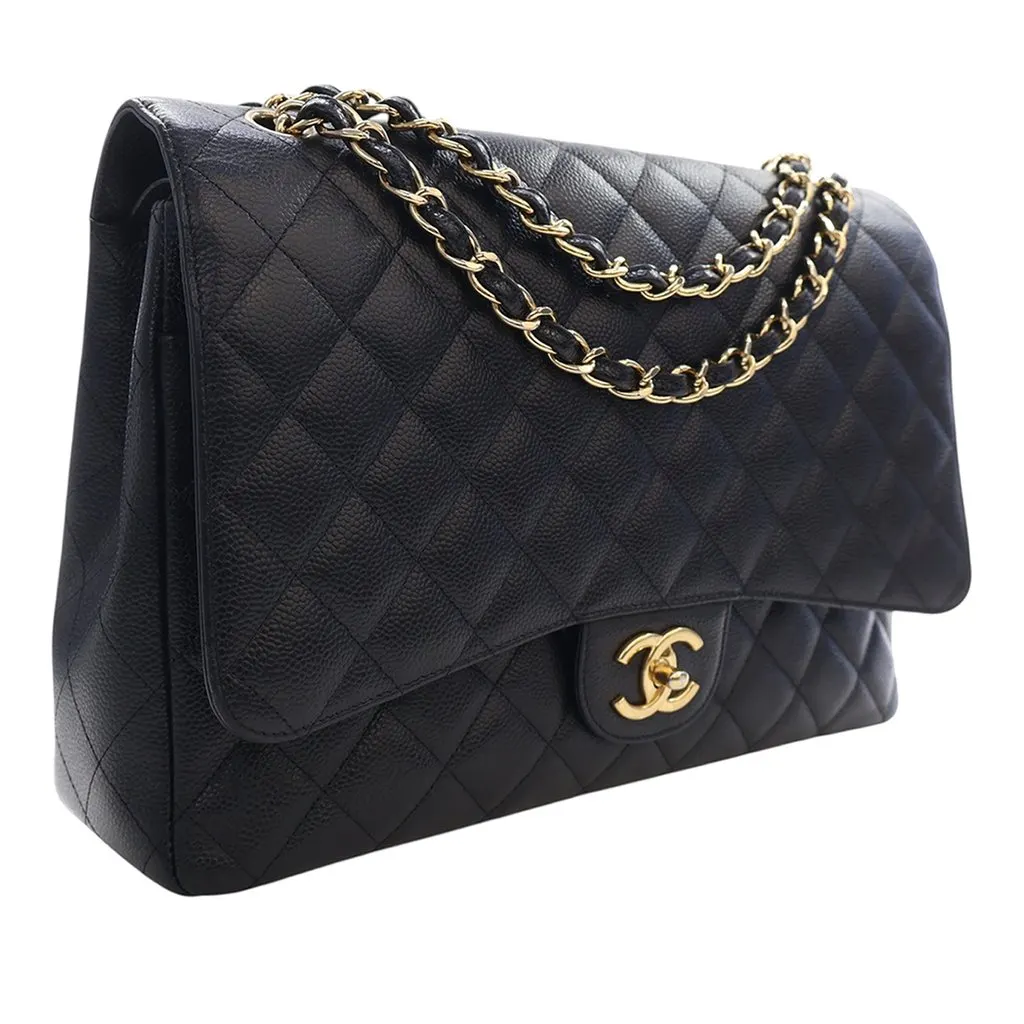 Chanel Maxi Classic Caviar Double Flap Black Leather Very good - Back View