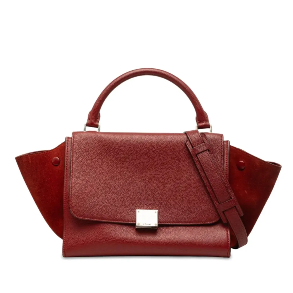 Celine Small Drummed Calfskin and Suede Trapeze Satchel Red Leather Very good - Front View