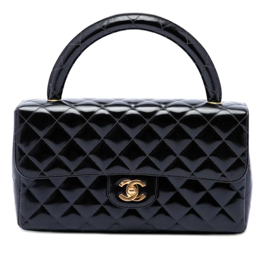 Chanel Medium CC Quilted Patent Rectangular Kelly Top Handle Bag Black Leather Very good - Front View