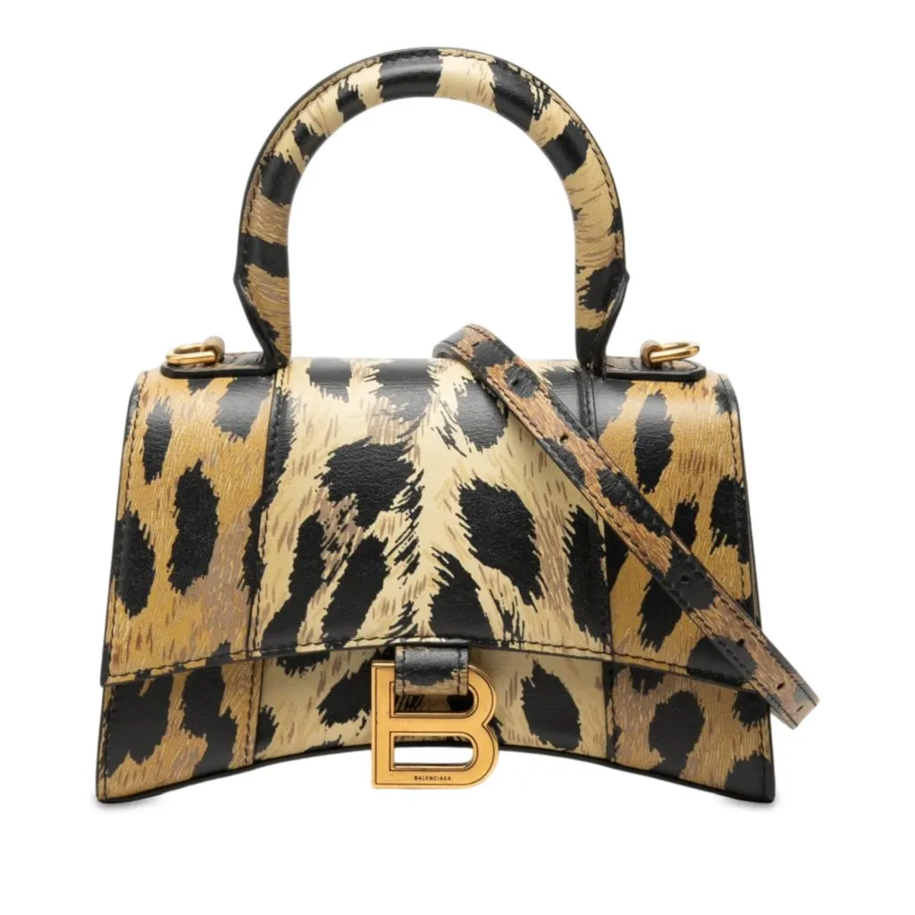 Balenciaga Calfskin Leopard Print Hourglass Top Handle Bag XS Brown Leather Very good - Front View