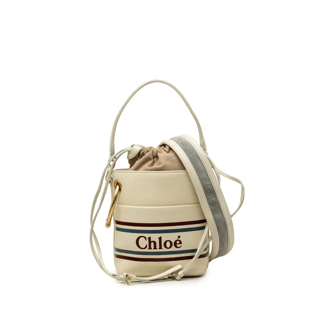 Chloé Mini Calfskin Roy Logo Bucket Bag White Leather Good - Front View