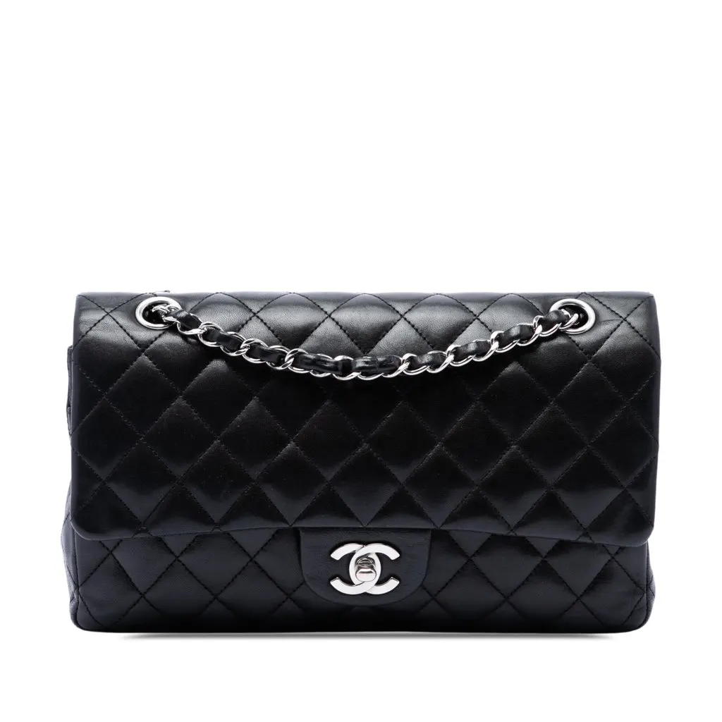 Chanel Medium Classic Lambskin Double Flap Black Leather Very good - Front View