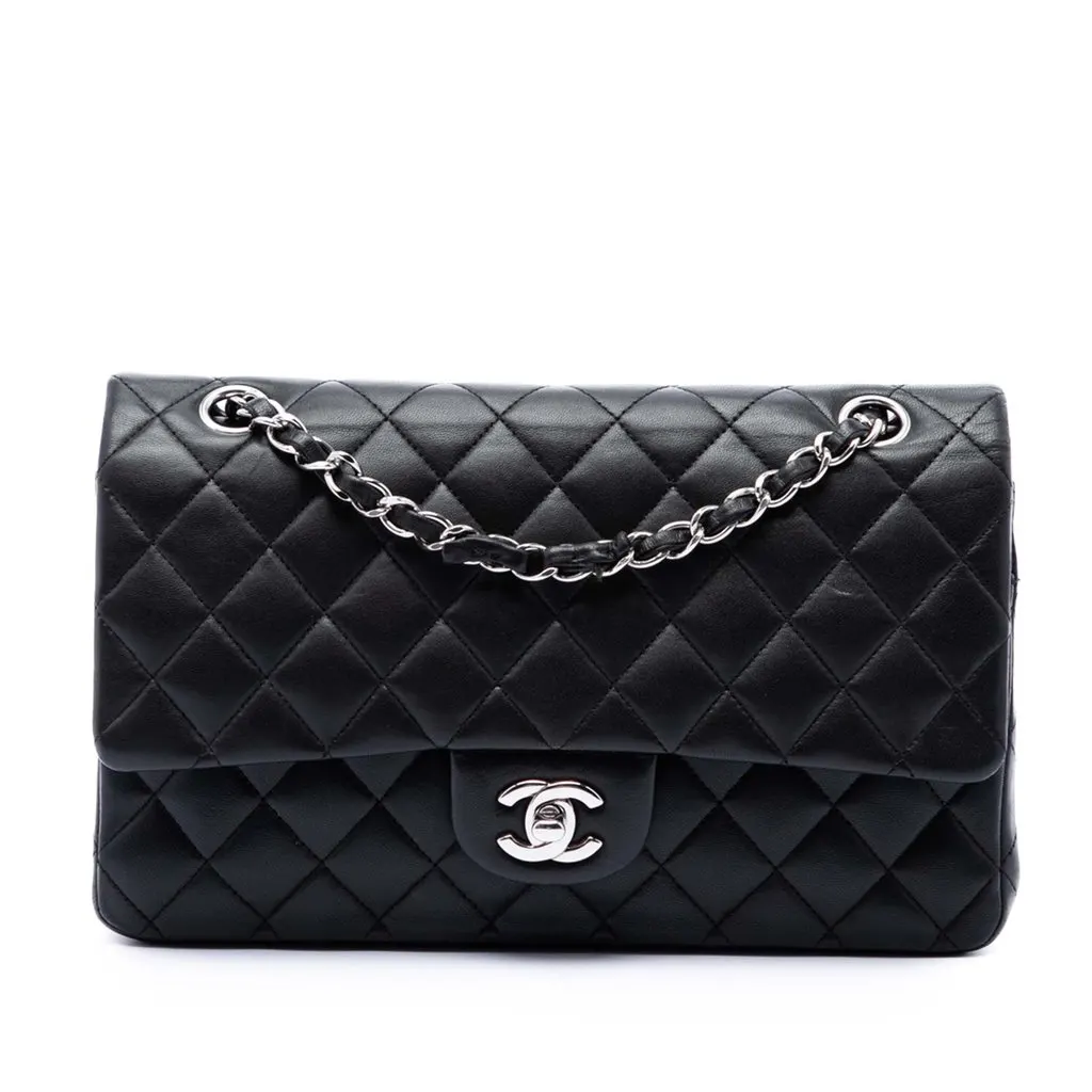 Chanel Medium Classic Lambskin Double Flap Black Leather Very good - Front View