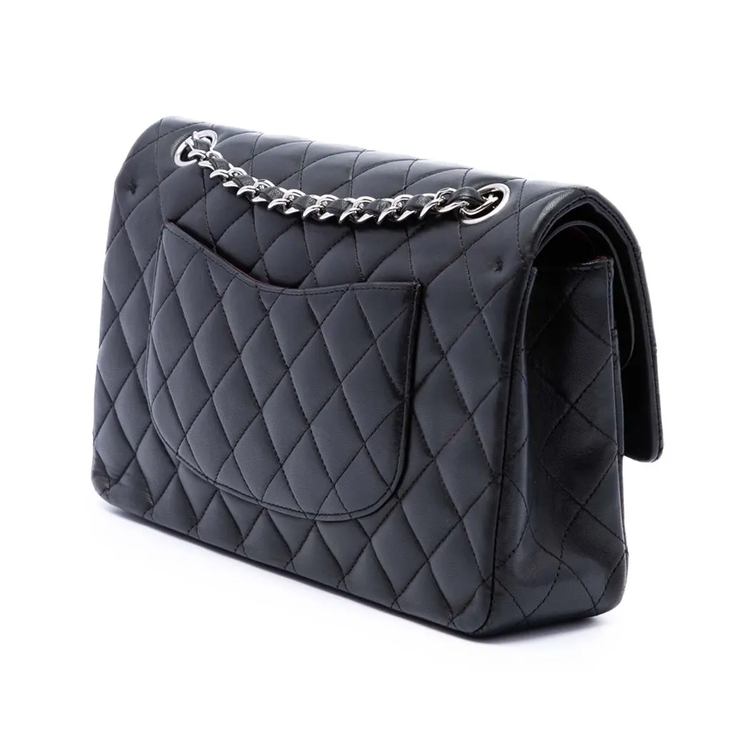 Chanel Medium Classic Lambskin Double Flap Black Leather Very good - Back View