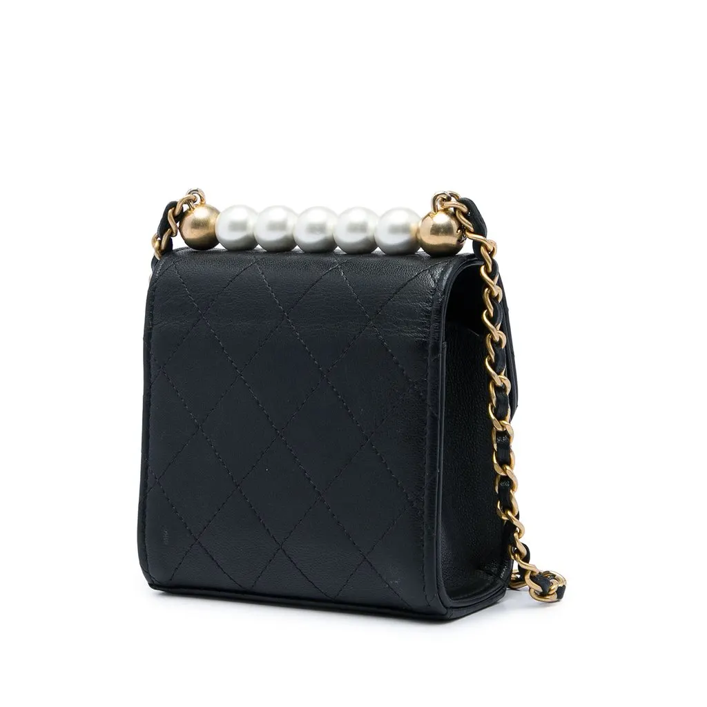 Chanel Mini Goatskin Chic Pearls Clutch On Chain Black Leather Very good - Back View