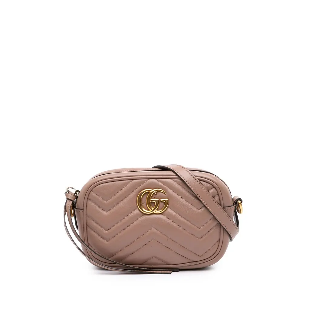 Gucci Mini GG Marmont Matelasse Calfskin Crossbody Brown Leather Good - Front View