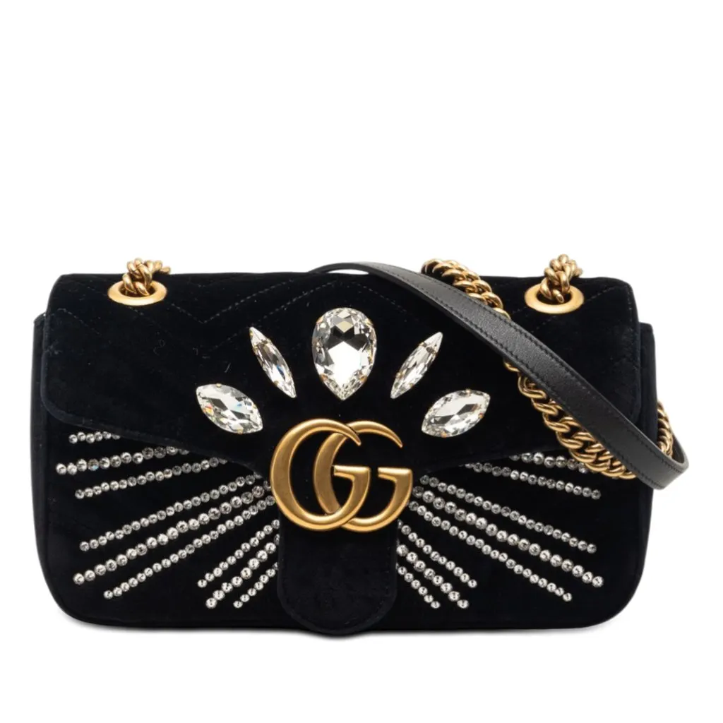 Gucci Medium GG Marmont Matelasse Velvet Crystal Embellished Shoulder Bag Black Velvet Very good - Front View
