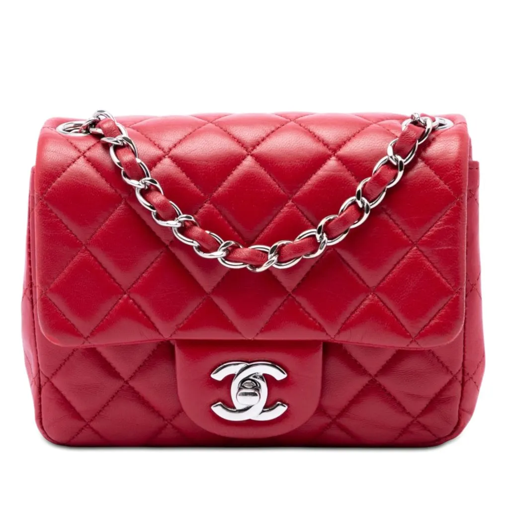 Chanel Mini Square Classic Lambskin Single Flap Red Leather Very good - Front View