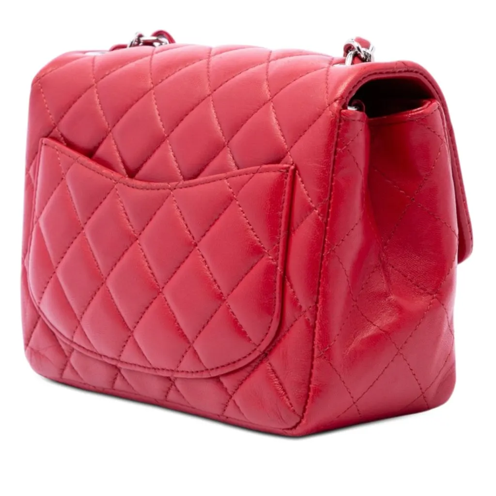 Chanel Mini Square Classic Lambskin Single Flap Red Leather Very good - Back View