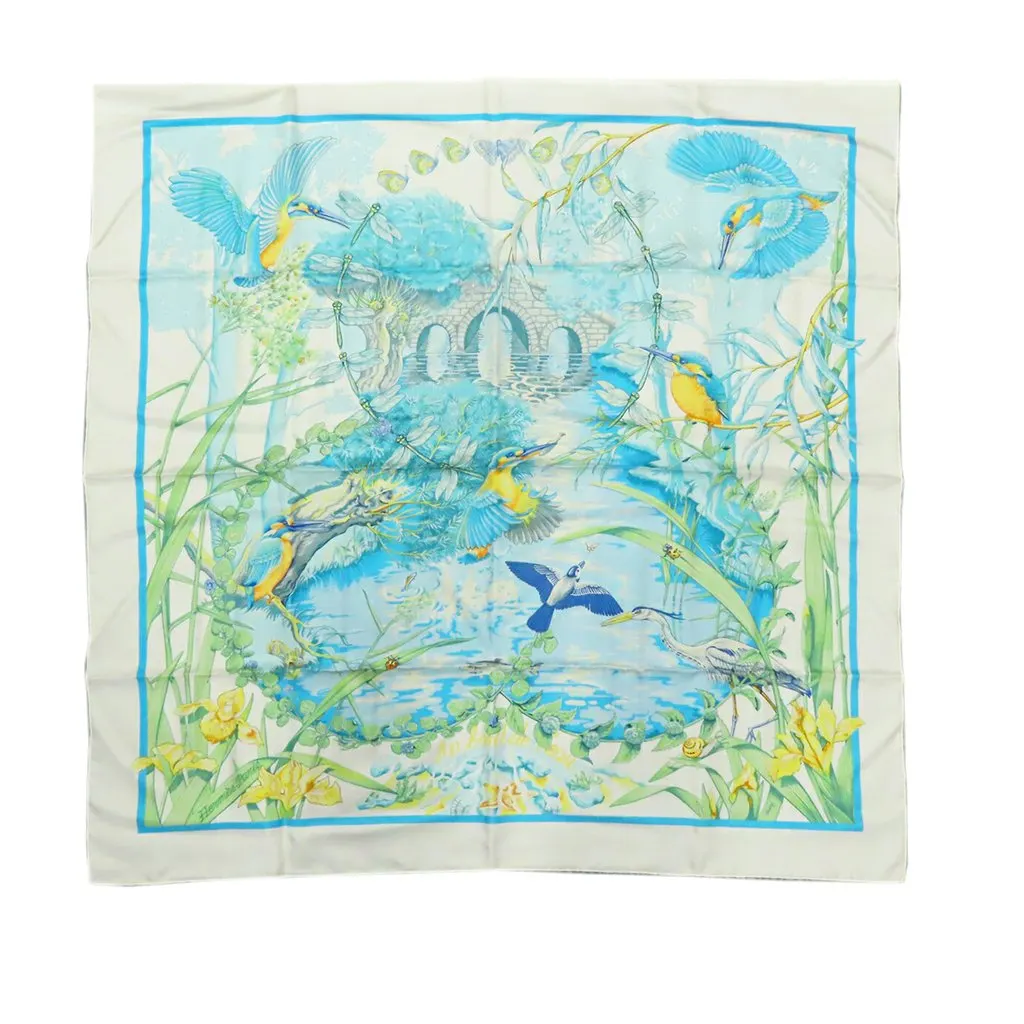 Hermès Au Bord Leau Silk Scarf 90 White Very good - Front View